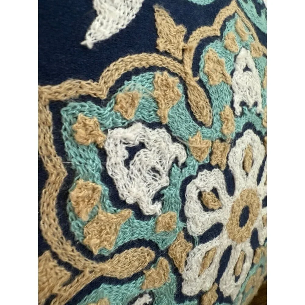 Blue floral embroidered, throw pillow